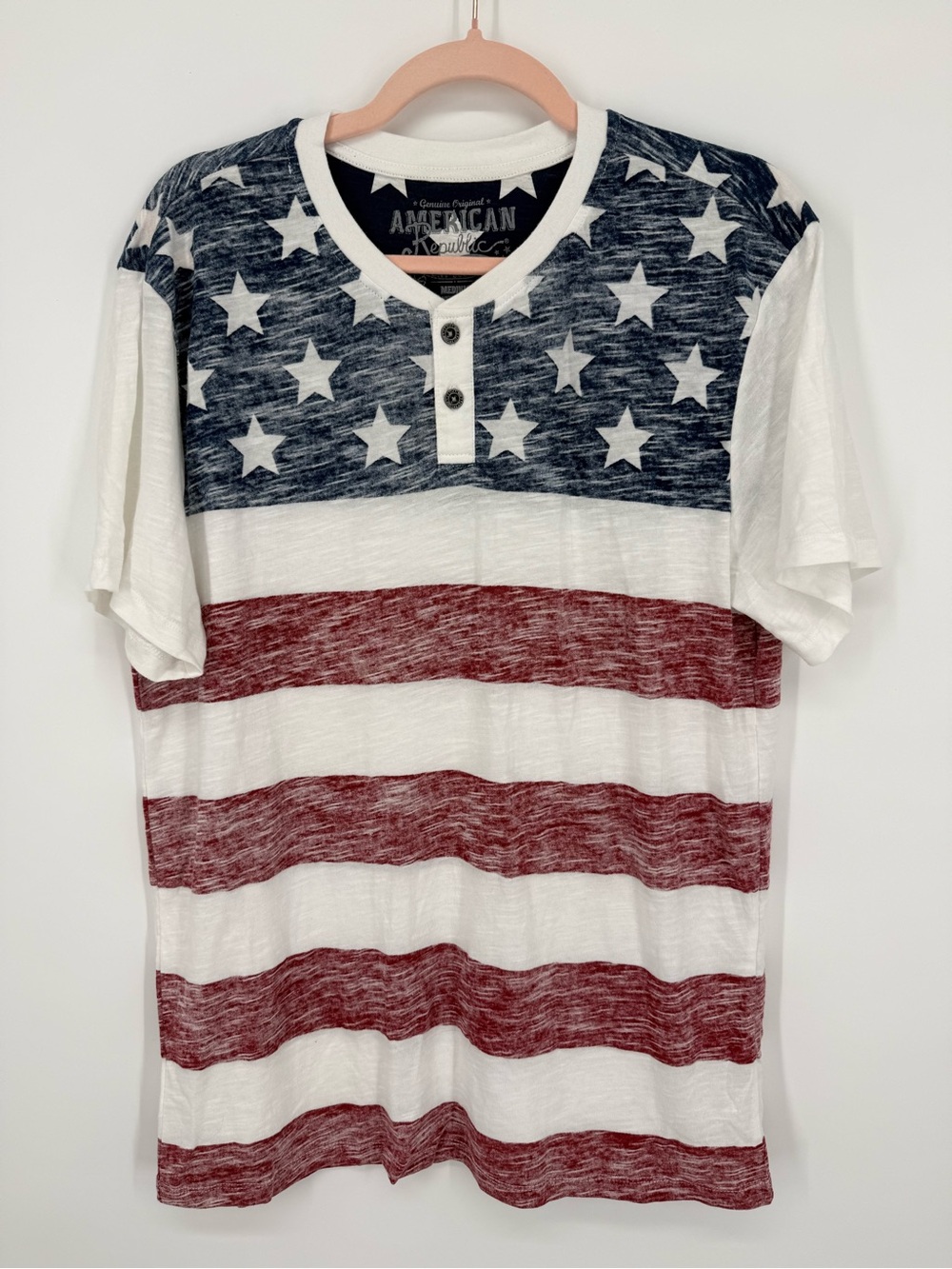 American Republic‎ Men Patriotic Flag Slub Knit Henley T-Shirt Distressed Medium